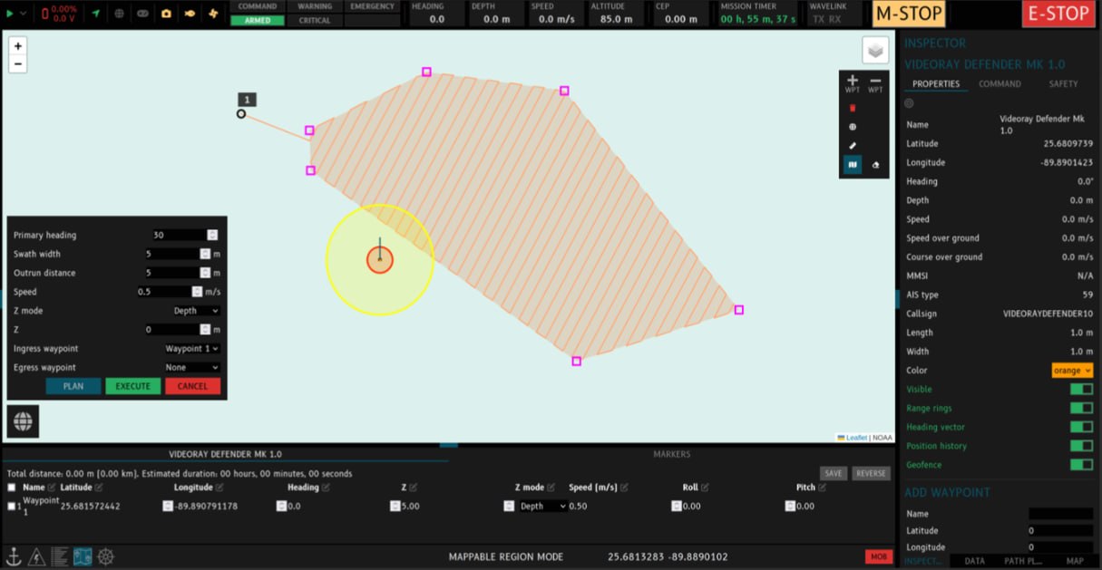 Nauticus ToolKITT™ autonomy interface showing vehicle telemetry and survey controls